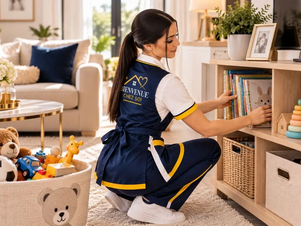 Illustration : intervenante rangeant des livres pour enfants, panier de jouets au premier plan